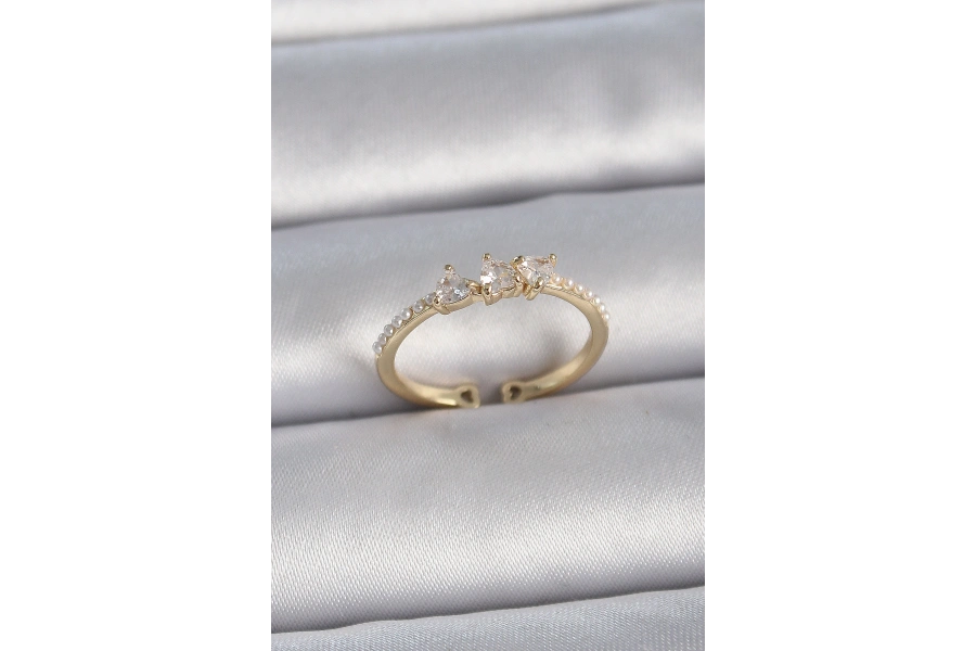 Shoecide Pirinç Gold Renk Zirkon Taşlı Kalp İnci Detaylı Ayarlanabilir Model Kadın Yüzük