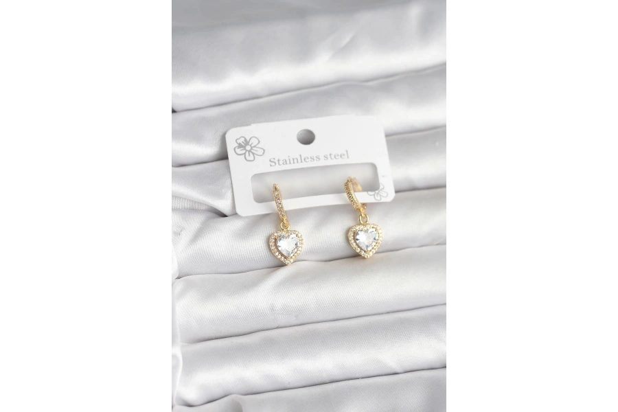 Shoecide Pirinç Gold Renk Zirkon Taşlı Kalp Model Kadın Küpe