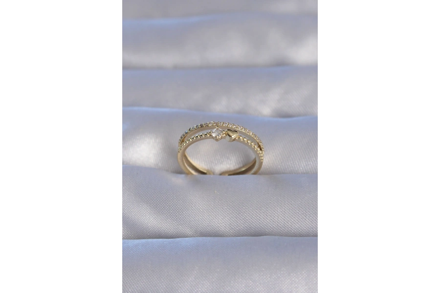 Shoecide Pirinç Gold Renk Zirkon Taşlı Kalpli Su Yolu Model Ayarlanabilir Yüzük