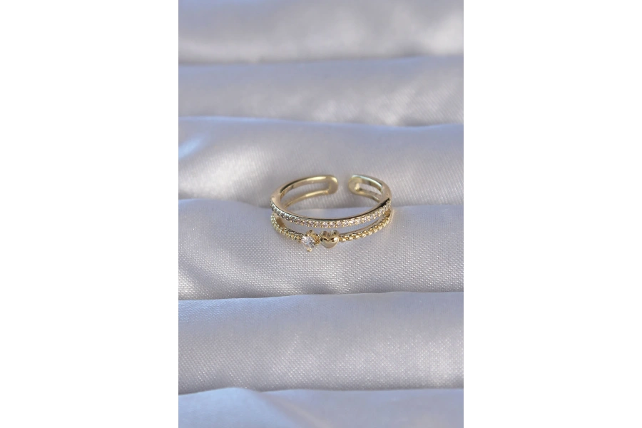 Shoecide Pirinç Gold Renk Zirkon Taşlı Kalpli Su Yolu Model Ayarlanabilir Yüzük