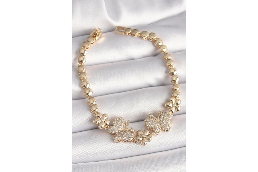 Shoecide Pirinç Gold Renk Zirkon Taşlı Kelebek Figür Çiçek Zincir Model Kadın Bileklik