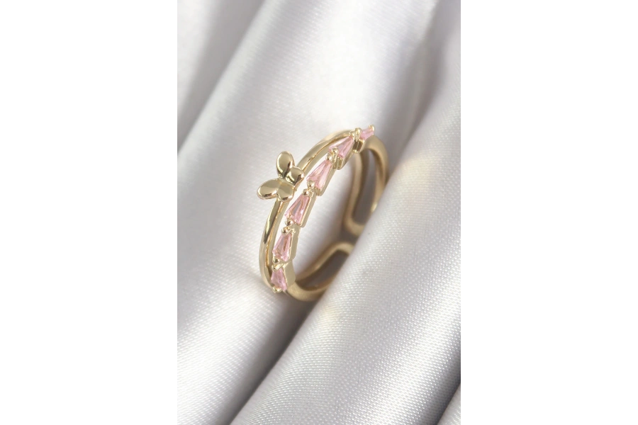 Shoecide Pirinç Gold Renk Zirkon Taşlı Kelebek Figür Kadın Yüzük