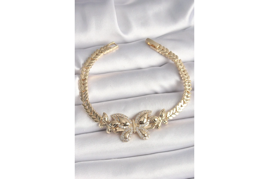 Shoecide Pirinç Gold Renk Zirkon Taşlı Kelebek Model Kadın Bileklik