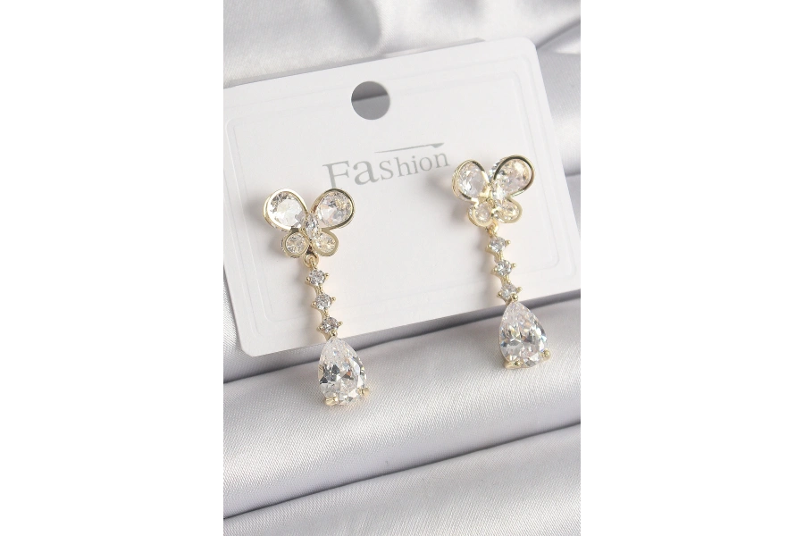 Shoecide Pirinç Gold Renk Zirkon Taşlı Kelebek Model Sallantı Damla Zirkon Taş Kadın Küpe