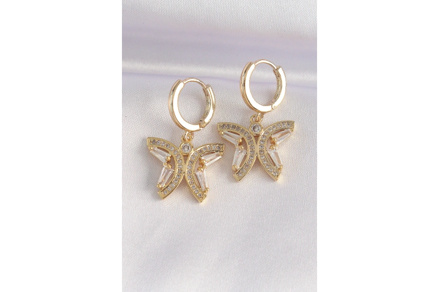 Shoecide Pirinç Gold Renk Zirkon Taşlı Kelebek Tasarım Küpe