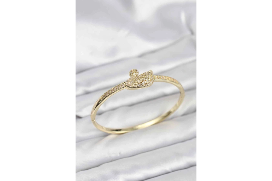 Shoecide Pirinç Gold Renk Zirkon Taşlı Kuğu Model Kadın Kelepçe Bileklik