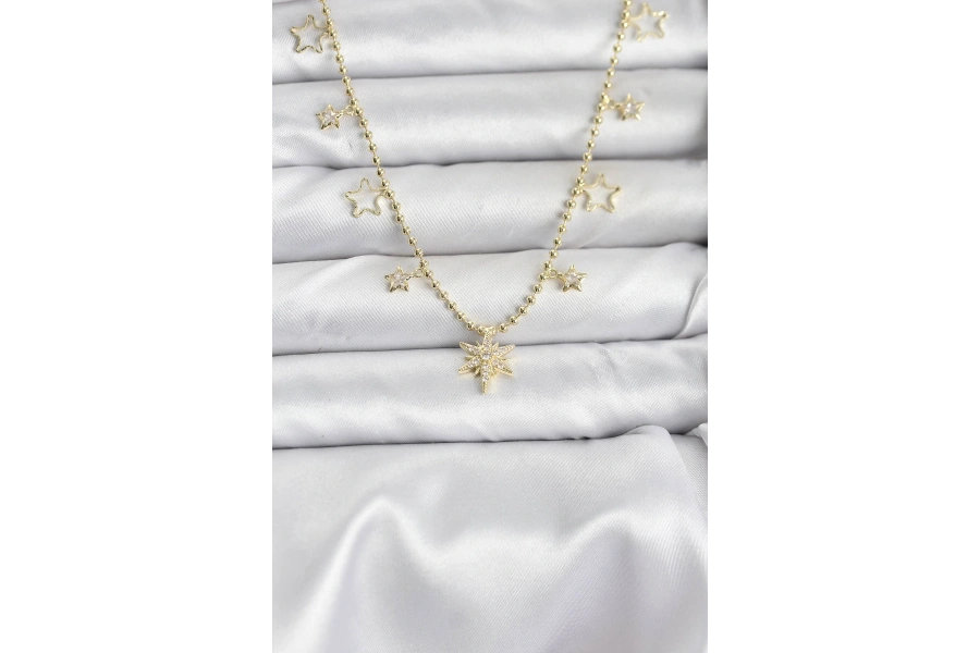 Shoecide Pirinç Gold Renk Zirkon Taşlı Kutup Yıldızı Model Kadın Kolye