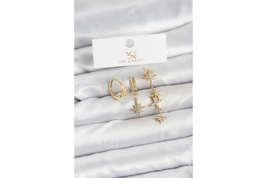 Shoecide Pirinç Gold Renk Zirkon Taşlı Kutup Yıldızı Model Ysx Trio Küpe Seti