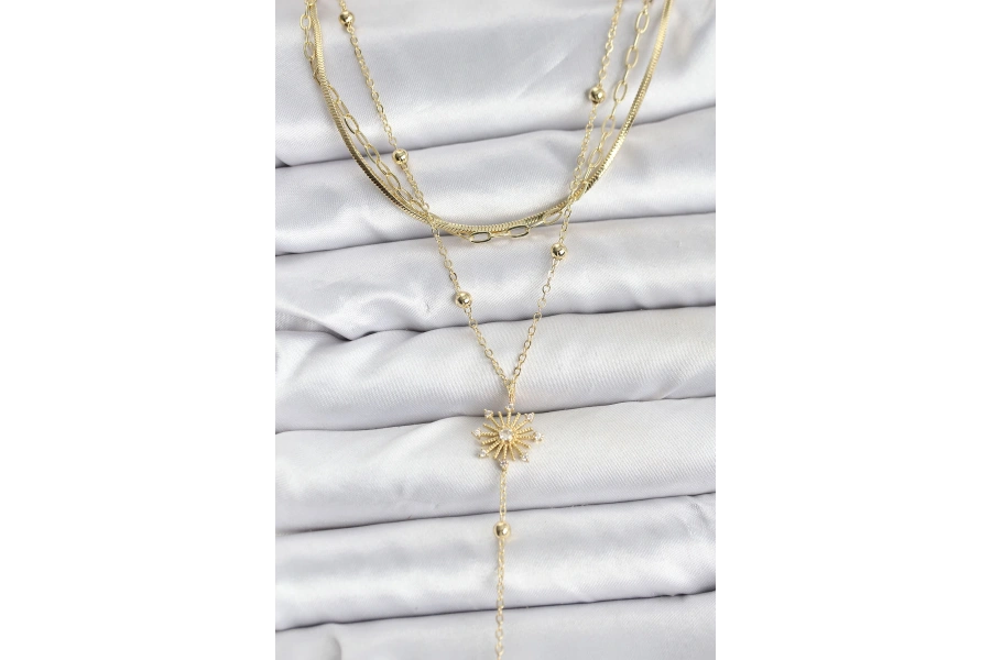 Shoecide Pirinç Gold Renk Zirkon Taşlı Model Detaylı 3lü Kombin Y Kadın Kolye