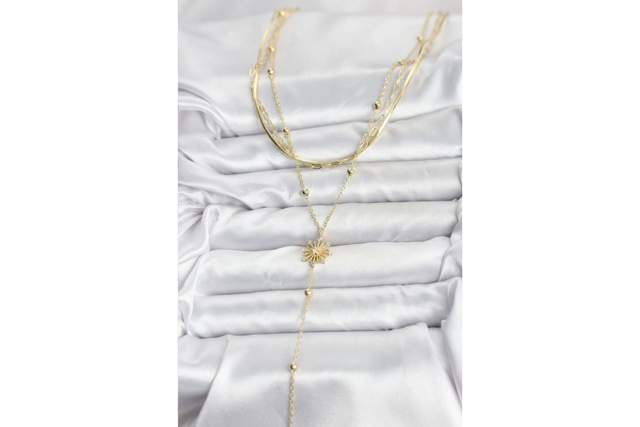 Shoecide Pirinç Gold Renk Zirkon Taşlı Model Detaylı 3lü Kombin Y Kadın Kolye