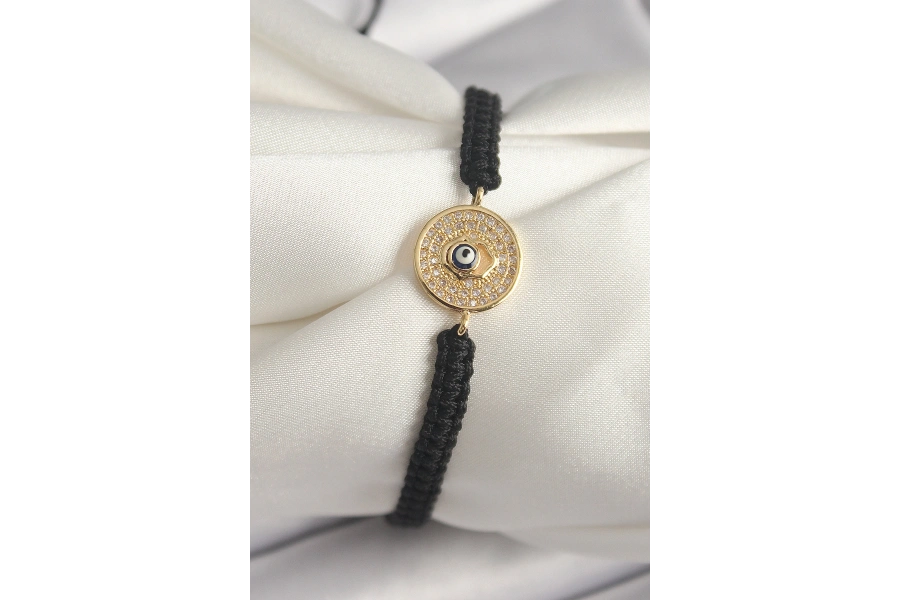 Shoecide Pirinç Gold Renk Zirkon Taşlı Nazar Boncuk İşleme Makrome Asansörlü Model Kadın Bileklik