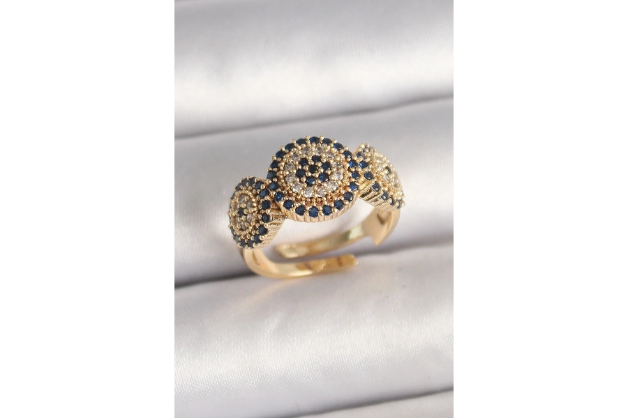 Shoecide Pirinç Gold Renk Zirkon Taşlı Nazar Boncuk Model Ayarlanabilir Model Kadın Yüzük