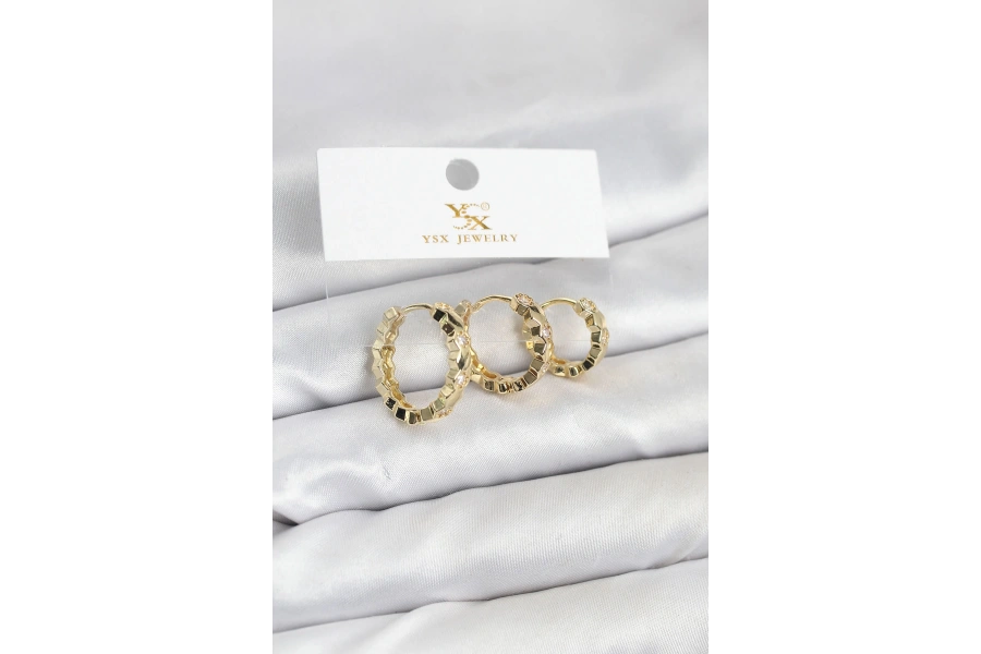 Shoecide Pirinç Gold Renk Zirkon Taşlı Petek Halka Model Ysx Trio Küpe Seti