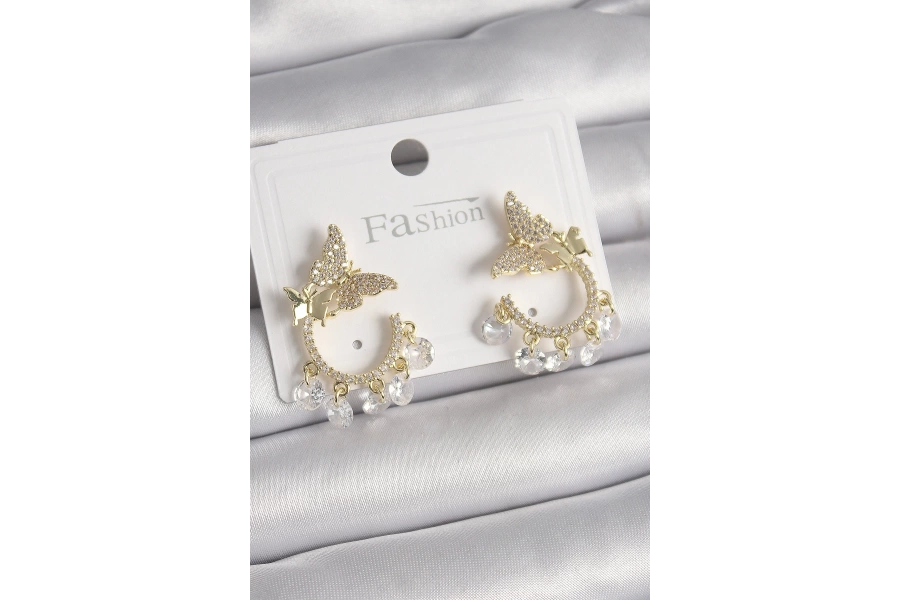 Shoecide Pirinç Gold Renk Zirkon Taşlı Sallantı Detay Kelebek Model Kadın Küpe