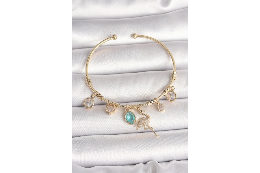 Shoecide Pirinç Gold Renk Zirkon Taşlı Sallantı Filamingo Figür Charm Kadın Bileklik