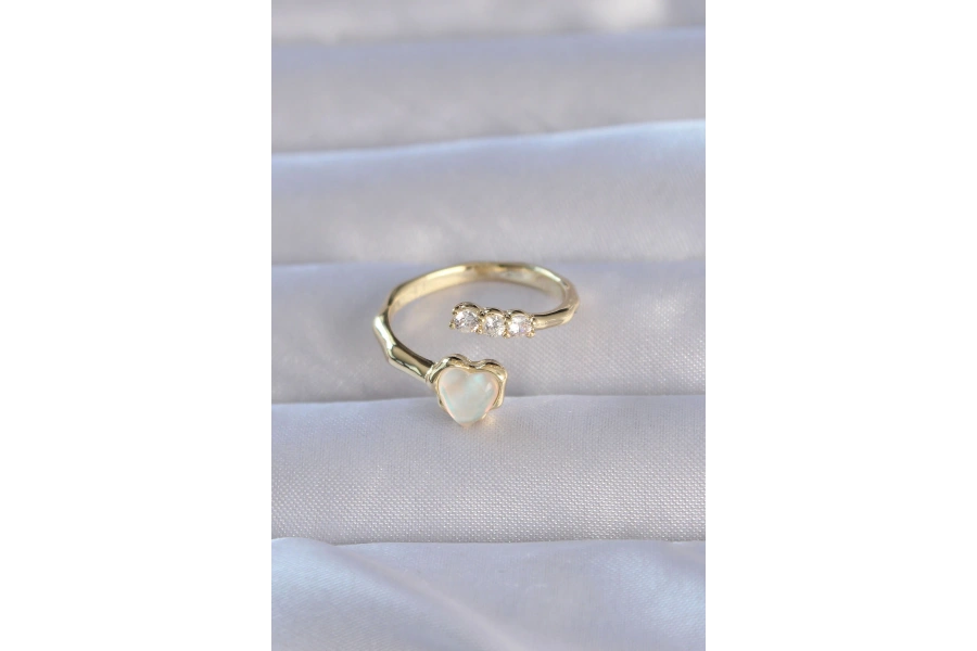 Shoecide Pirinç Gold Renk Zirkon Taşlı Sedefli Kalp Model Ayarlanabilir Yüzük