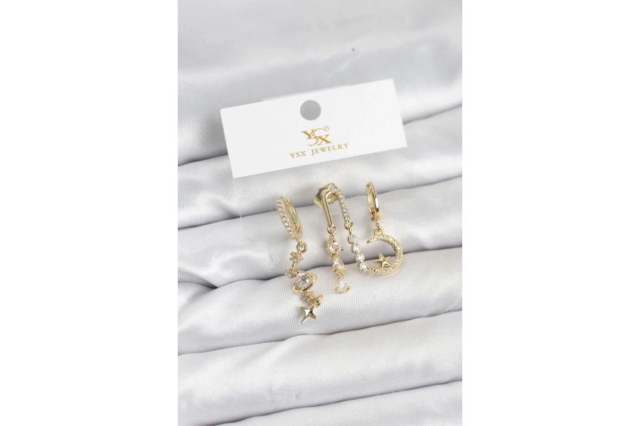 Shoecide Pirinç Gold Renk Zirkon Taşlı Uzay Model Ysx Trio Küpe Seti
