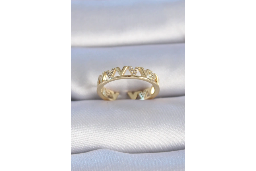 Shoecide Pirinç Gold Renk Zirkon Taşlı v Model Kadın Yüzük