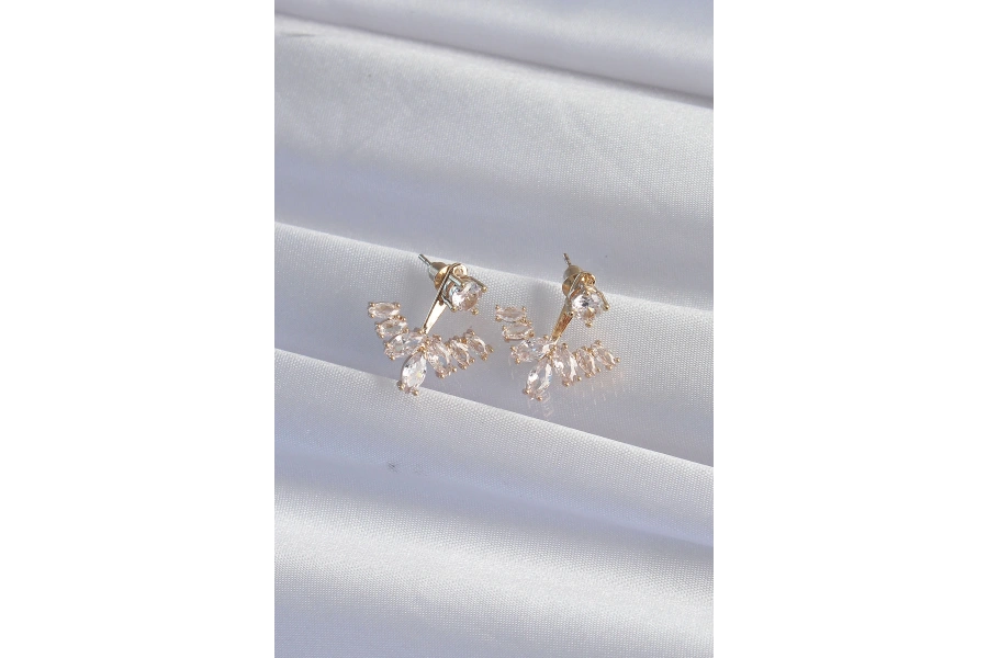 Shoecide Pirinç Gold Renk Zirkon Taşlı V Model Küpe