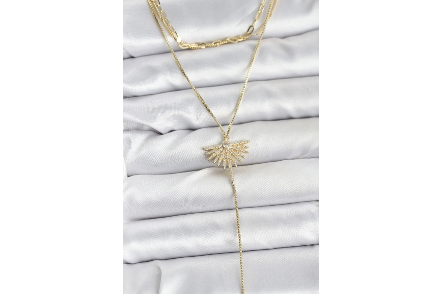 Shoecide Pirinç Gold Renk Zirkon Taşlı Yelpaze Model Detaylı 3lü Kombin Y Kadın Kolye