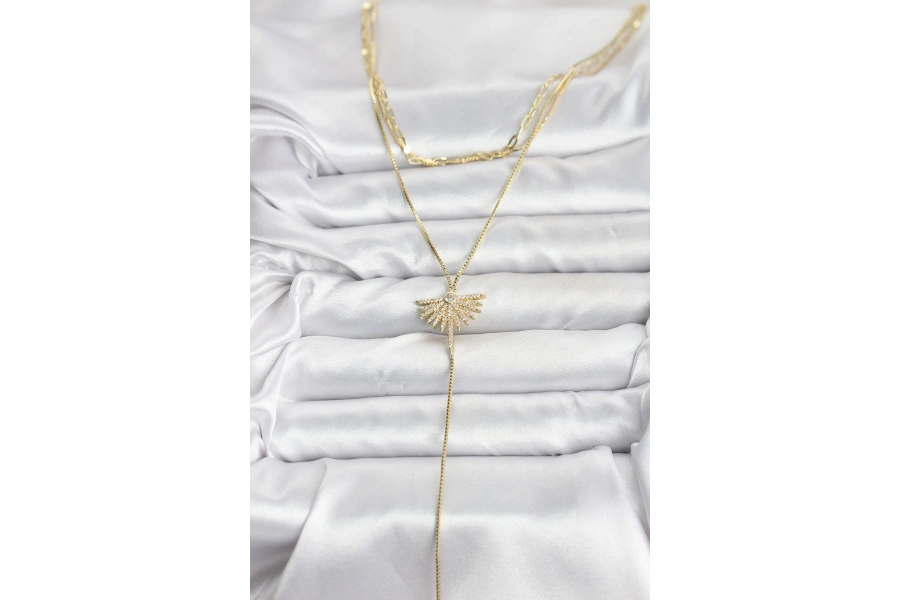 Shoecide Pirinç Gold Renk Zirkon Taşlı Yelpaze Model Detaylı 3lü Kombin Y Kadın Kolye