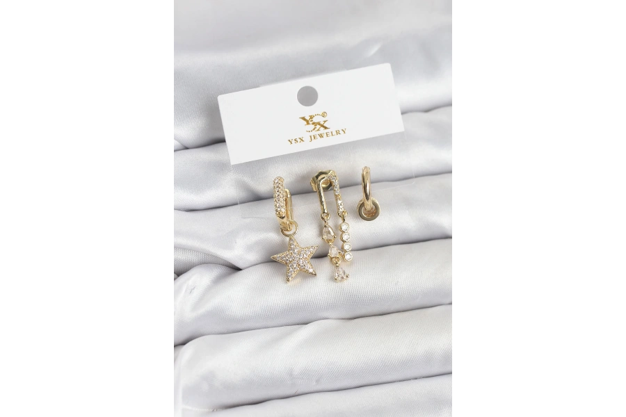 Shoecide Pirinç Gold Renk Zirkon Taşlı Yıldız Vintage Model Ysx Trio Küpe Seti