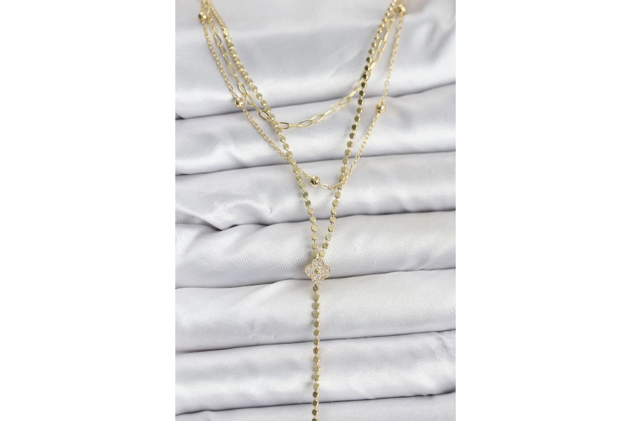 Shoecide Pirinç Gold Renk Zirkon Taşlı Yonca Model Detaylı 3lü Kombin Y Kadın Kolye