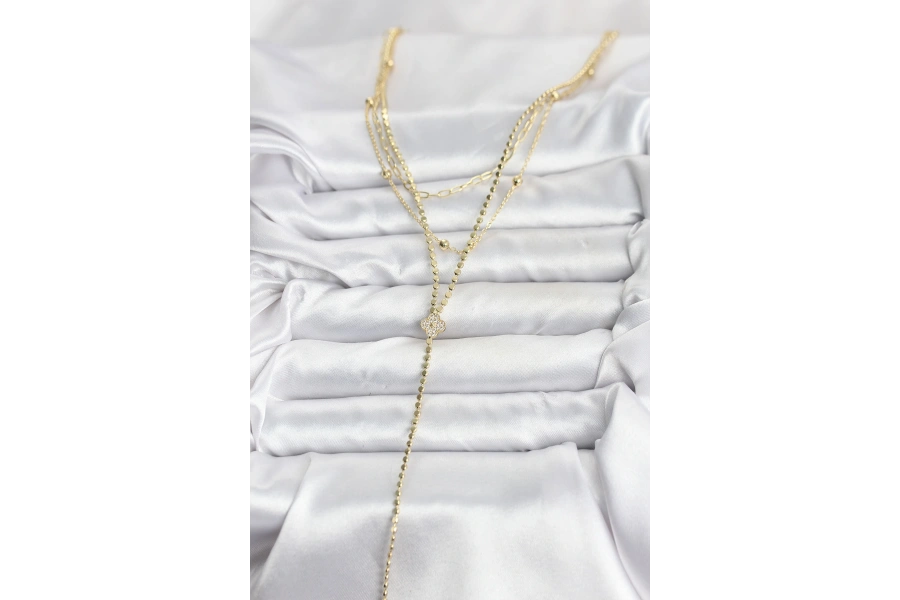 Shoecide Pirinç Gold Renk Zirkon Taşlı Yonca Model Detaylı 3lü Kombin Y Kadın Kolye