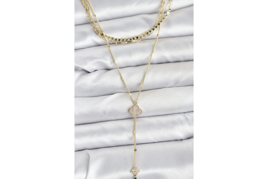 Shoecide Pirinç Gold Renk Zirkon Taşlı Yoncalı Model Detaylı 3lü Kombin Y Kadın Kolye