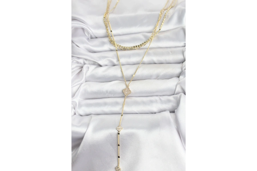 Shoecide Pirinç Gold Renk Zirkon Taşlı Yoncalı Model Detaylı 3lü Kombin Y Kadın Kolye