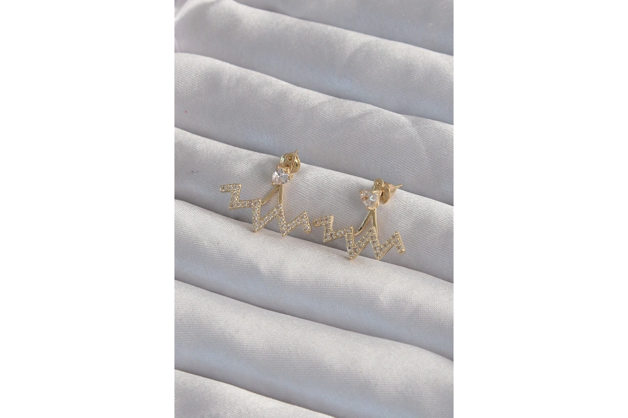 Shoecide Pirinç Gold Renk Zirkon Taşlı Zikzak Küpe