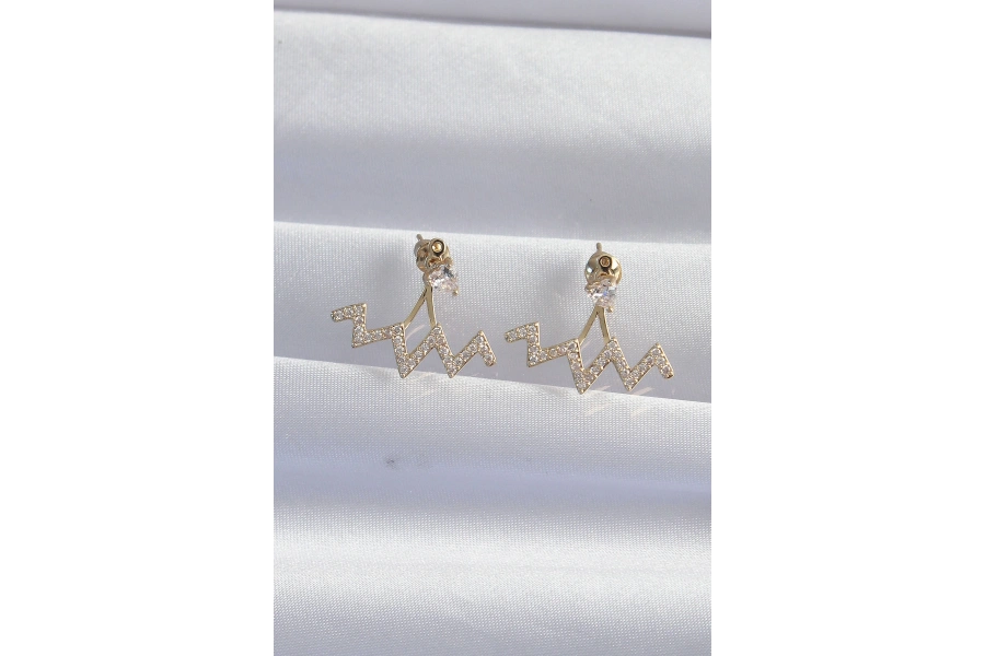 Shoecide Pirinç Gold Renk Zirkon Taşlı Zikzak Küpe