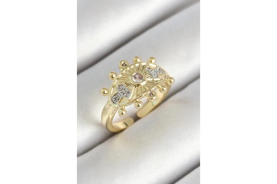 Shoecide Pirinç Göz Figürlü Zirkon Taşlı Gold Renk Ayarlanabilir Kadın Yüzük