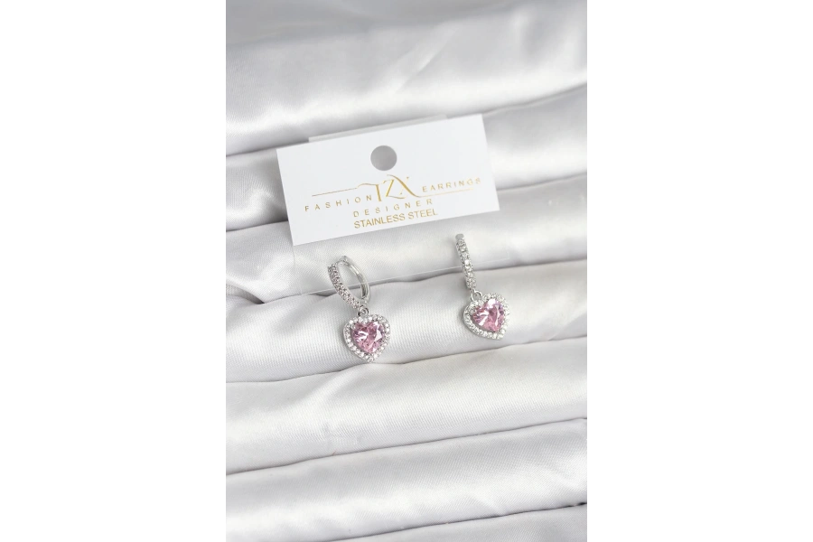 Shoecide Pirinç Gümüş Pembe Renk Zirkon Taşlı Kalp Model Kadın Küpe