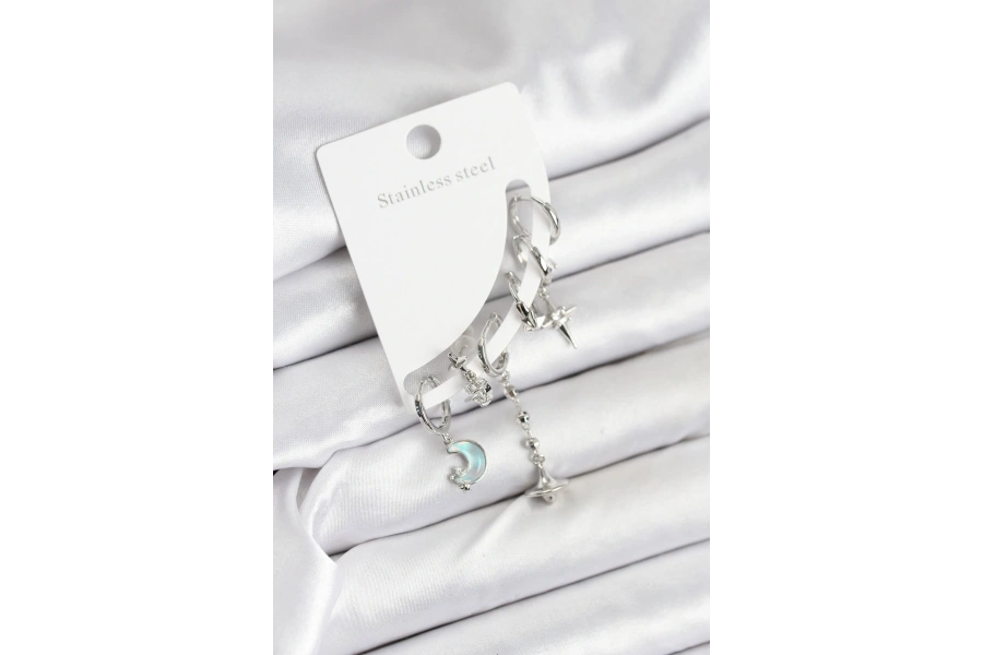 Shoecide Pirinç Gümüş Renk Ay Model Kadın Set Küpe