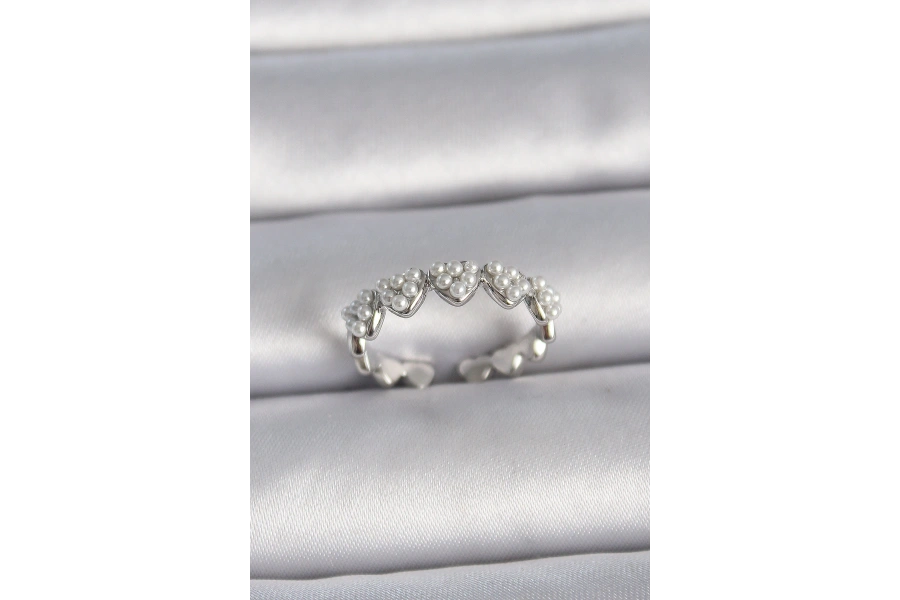 Shoecide Pirinç Gümüş Renk Ayarlanabilir İncili Kalp Model Kadın Yüzük