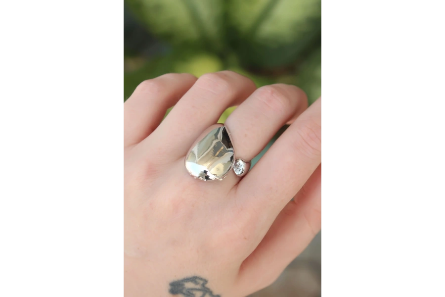 Shoecide Pirinç Gümüş Renk Ayarlanabilir İri Bombeli Yüzük