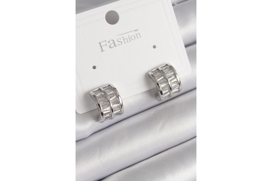 Shoecide Pirinç Gümüş Renk Çift Sıra Zirkon Taşlı Kadın Küpe