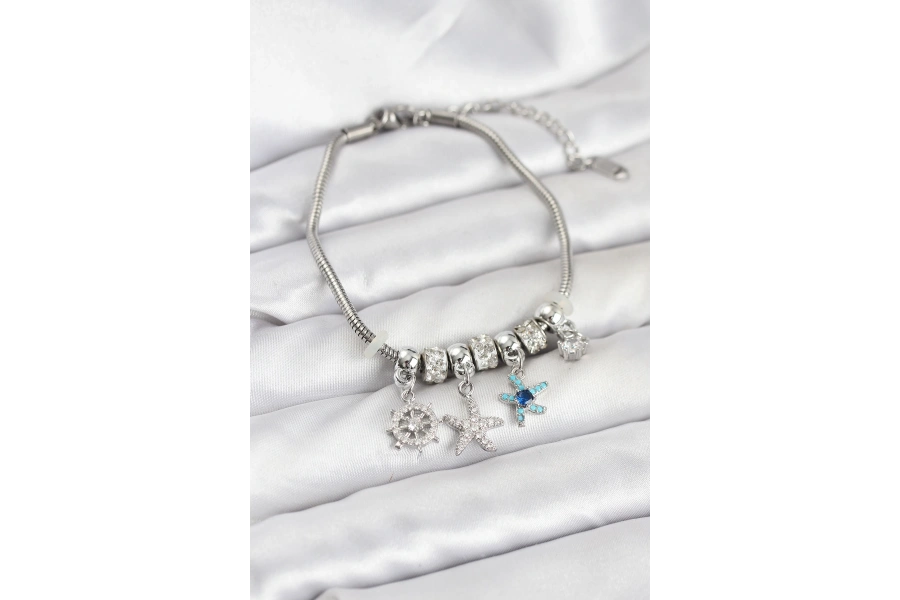 Shoecide Pirinç Gümüş Renk Deniz Tema Charmlı Kadın Bileklik