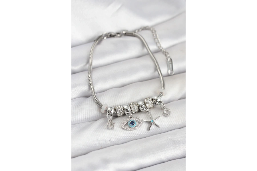 Shoecide Pirinç Gümüş Renk Göz Model Charmlı Kadın Bileklik