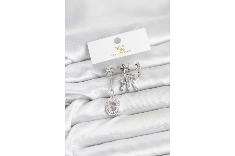 Shoecide Pirinç Gümüş Renk Göz Ve Kutup Yıldızı Model Ysx Trio Küpe Seti