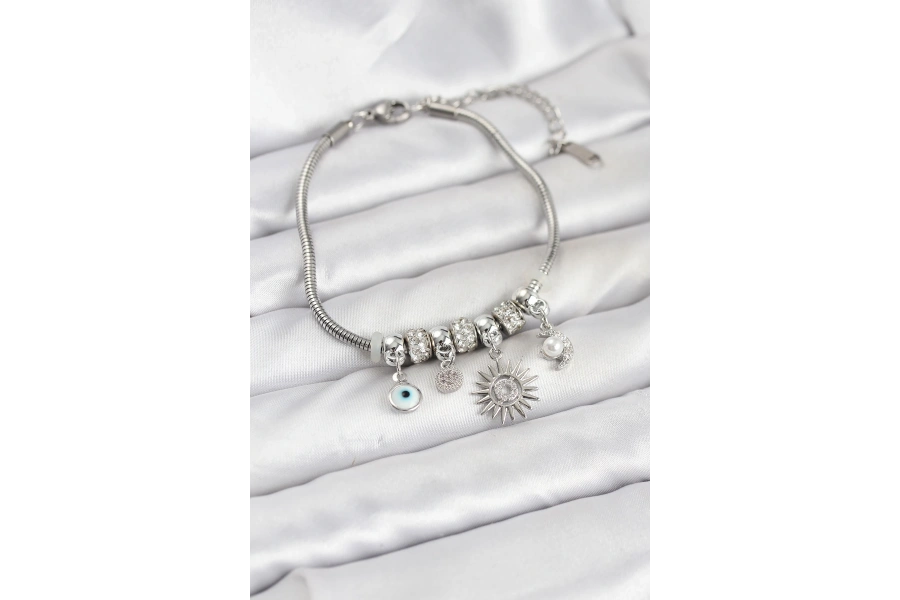 Shoecide Pirinç Gümüş Renk Güneş Charmlı Kadın Bileklik