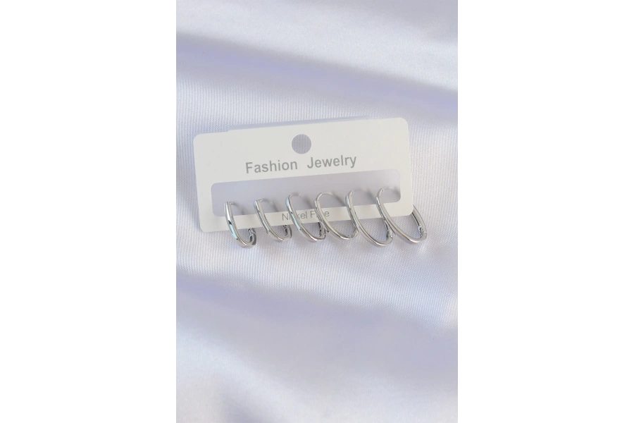 Shoecide Pirinç Gümüş Renk İnce Oval Küpe Seti