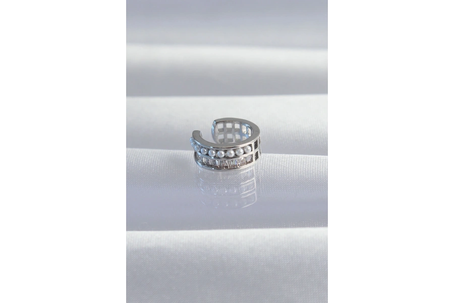 Shoecide Pirinç Gümüş Renk İncili Baget Taşlı Earcuff Küpe