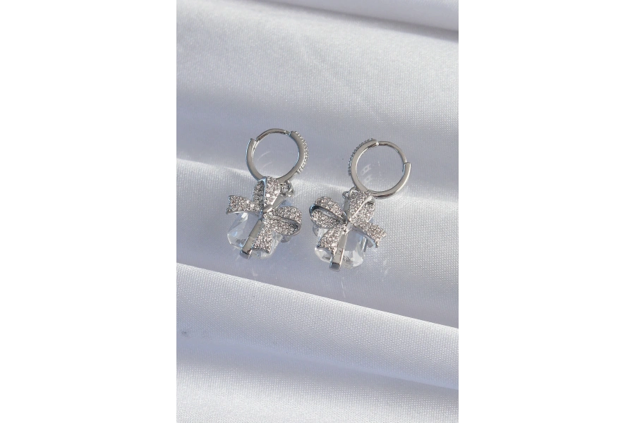 Shoecide Pirinç Gümüş Renk İri Zirkon Taşlı Fiyonk Model Halka Küpe