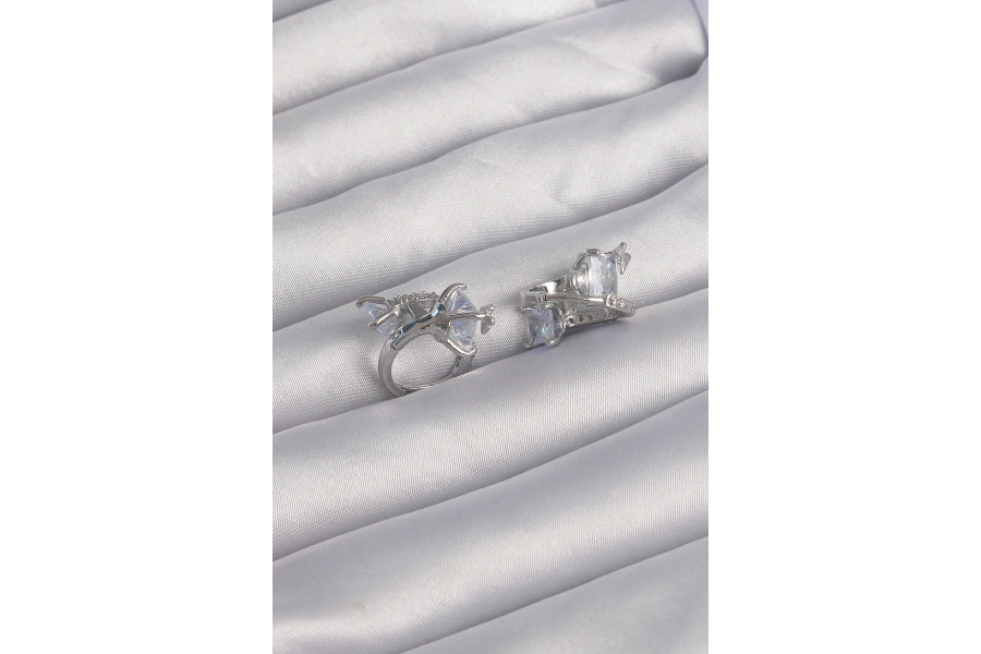 Shoecide Pirinç Gümüş Renk İri Zirkon Taşlı Kıvrımlı Minimal Kelebekli Halka Küpe