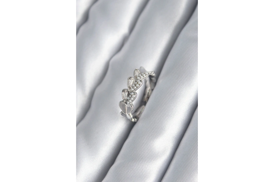 Shoecide Pirinç Gümüş Renk Kalp Model İnci Detay Kadın Yüzük