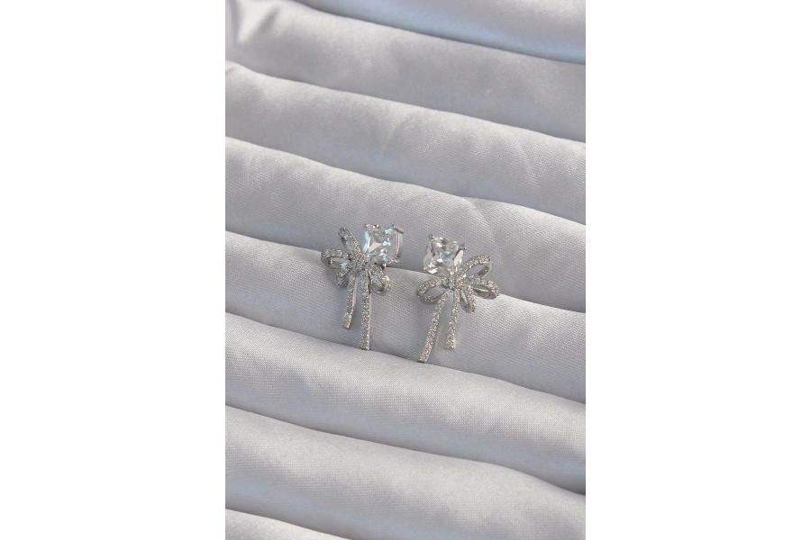 Shoecide Pirinç Gümüş Renk Kare Zirkon Taşlı Fiyonk Küpe