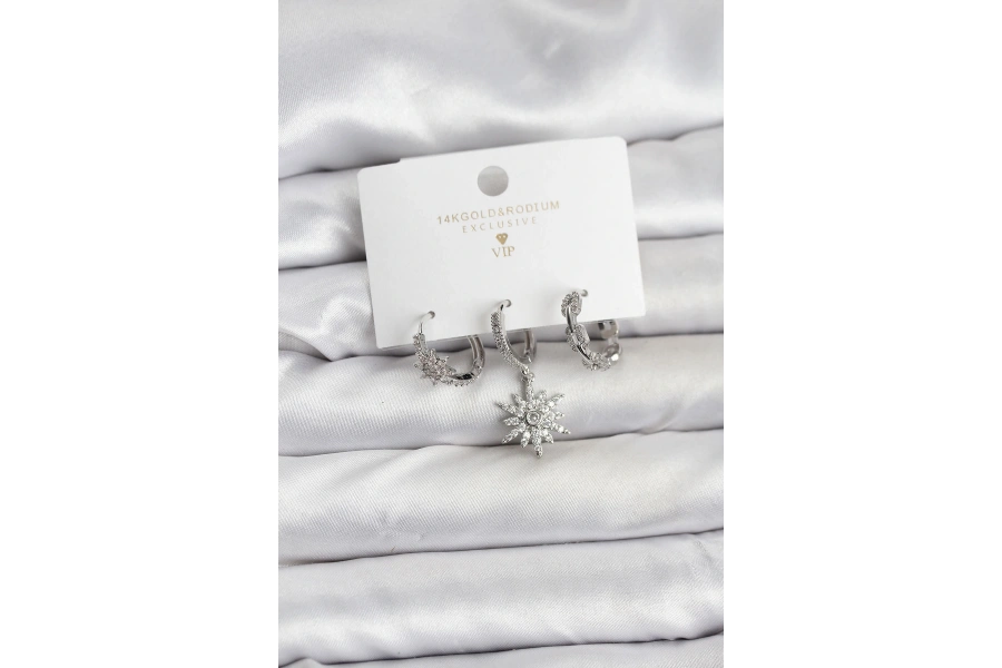 Shoecide Pirinç Gümüş Renk Kutup Yıldızı Model 3lü Kadın Küpe Seti