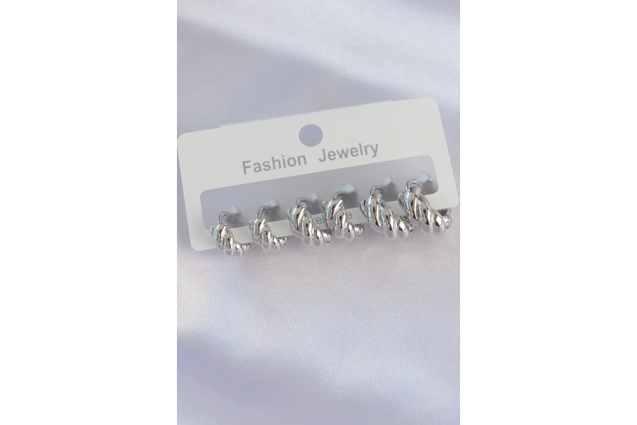 Shoecide Pirinç Gümüş Renk Minimal Tırtıklı Küpe Seti